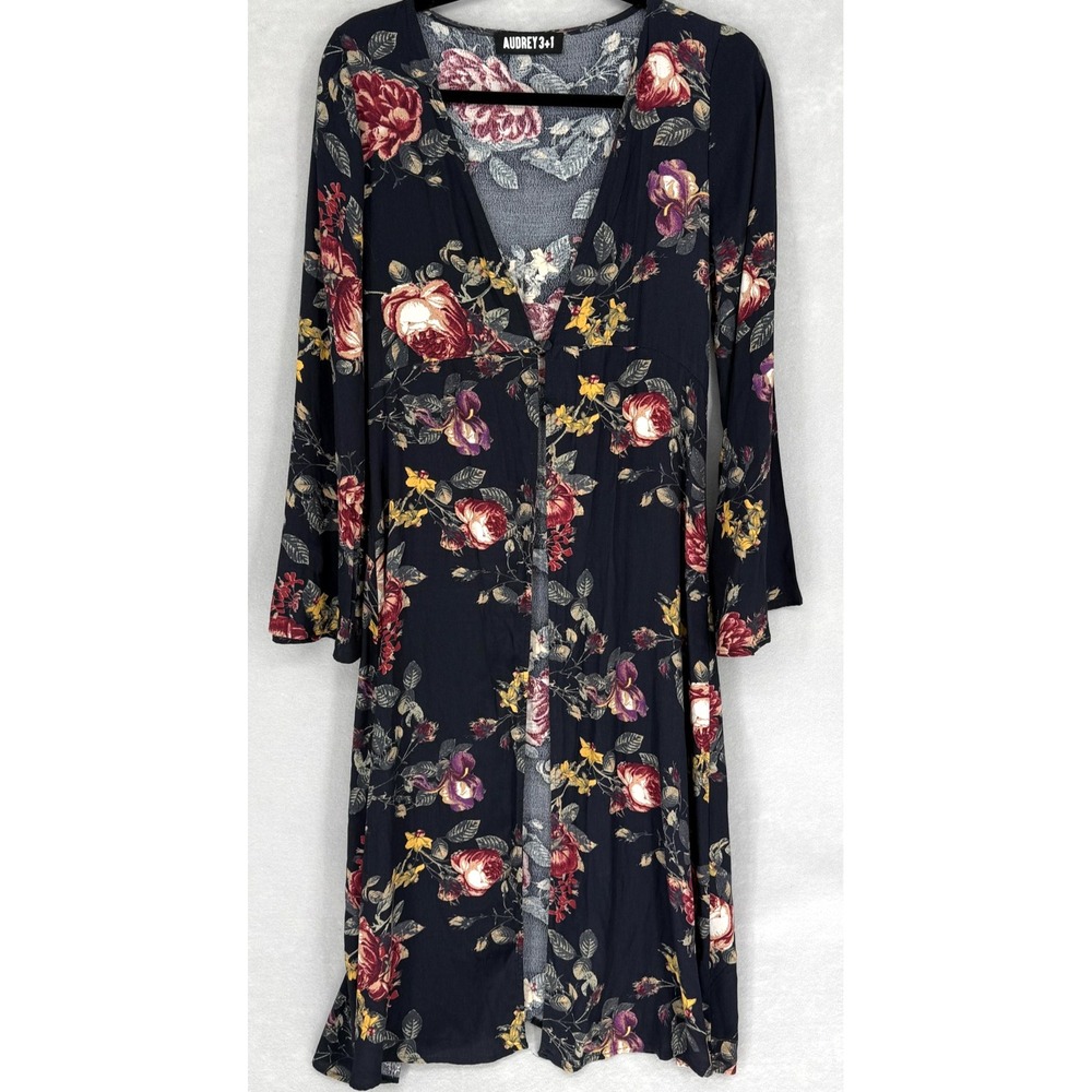 Audrey 3+1 Dress Womens Medium‎ Black Floral Midi Duster Long Sleeve Rayon USA